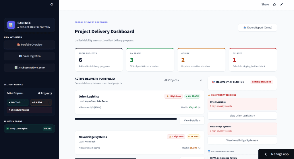 Cadence project delivery dashboard showing active delivery programs and health signals